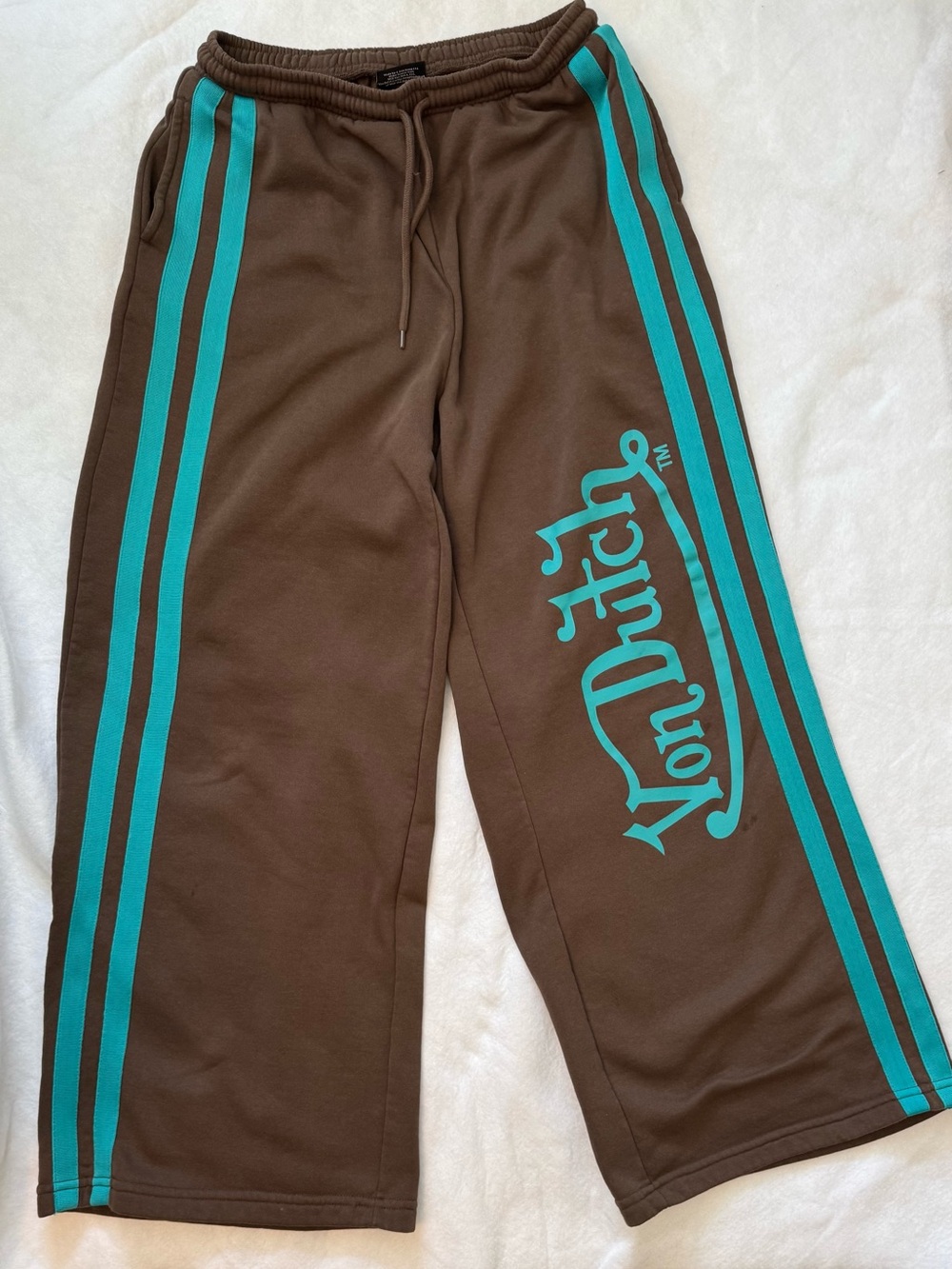 Von Dutch Track Pants Brown with Teal Side Stripes Rear Teal Rhinestones Large